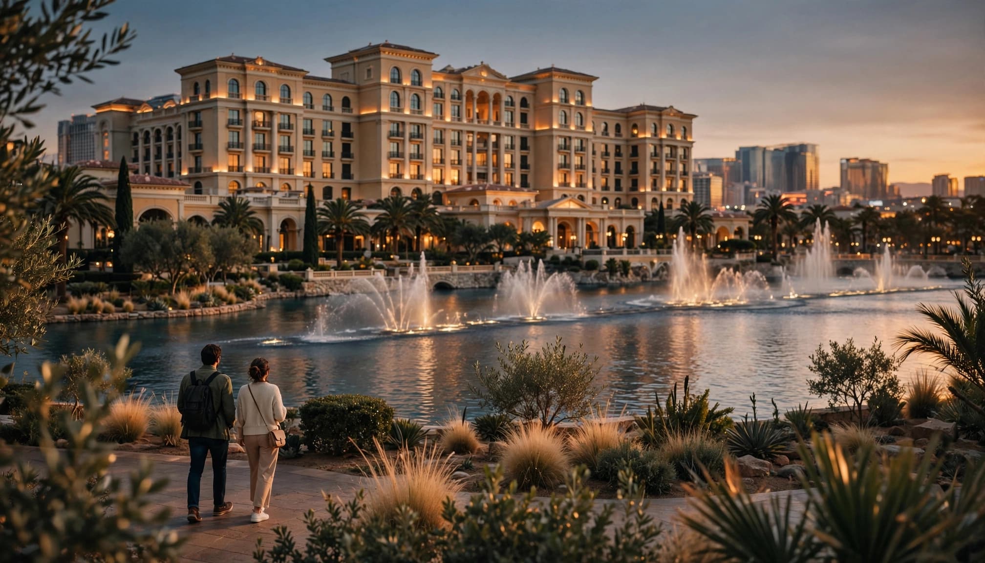 A couple looks out over a lake with fountains toward a grand luxury hotel facade at dusk.