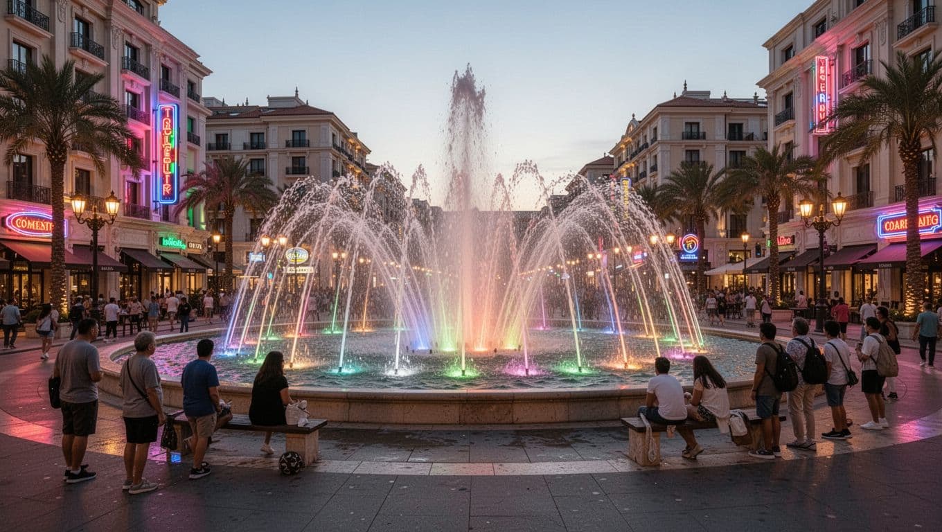 The iconic fountains erupt in high water jets in front of the Bellagio hotel as vibrant neon lights shimmer across the dark surface of the pool with onlookers gathered nearby.