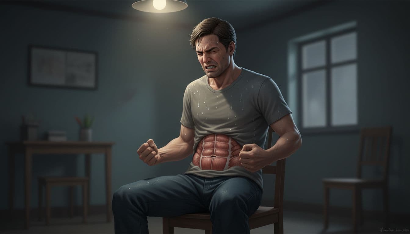 Illustration of black widow spider bite effects focusing on abdominal muscle cramps, tense muscles, sweat, and pain on a person's face.