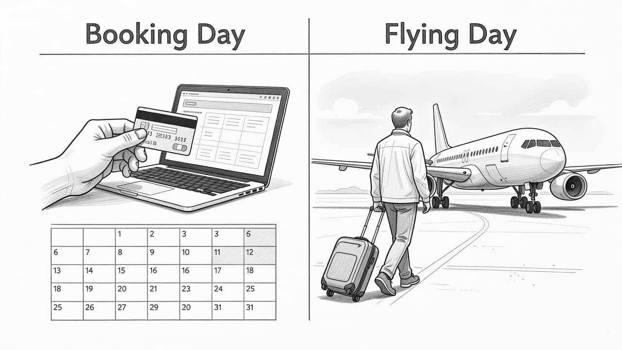A graphite drawing on white paper displays a two-column comparison featuring a hand using a credit card for online bookings on the left and a passenger carrying luggage toward an airplane on the right.