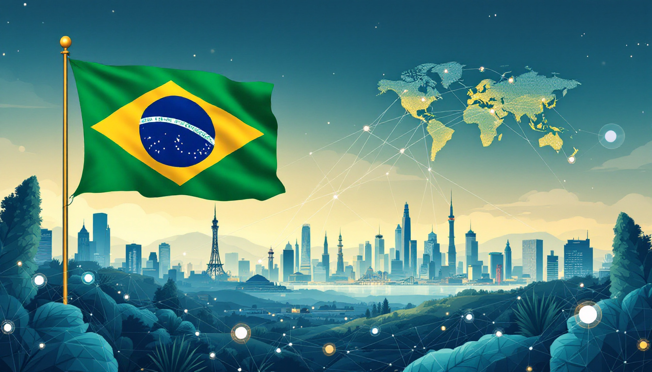 AI Consulate General of Brazil: Advancing Diplomacy With Smart Partnerships and Modern Services A digital illustration shows the Brazilian flag, neural network lines linking Brazil to New York, San Francisco, and Shanghai, symbols for AI and diplomacy, and a modern cityscape. Image created with AI.