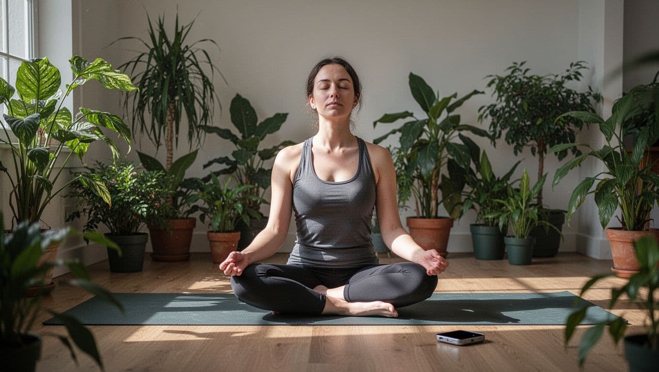 Person sits cross-legged on yoga mat in room with plants, eyes closed, smartphone propped screen-down on floor.