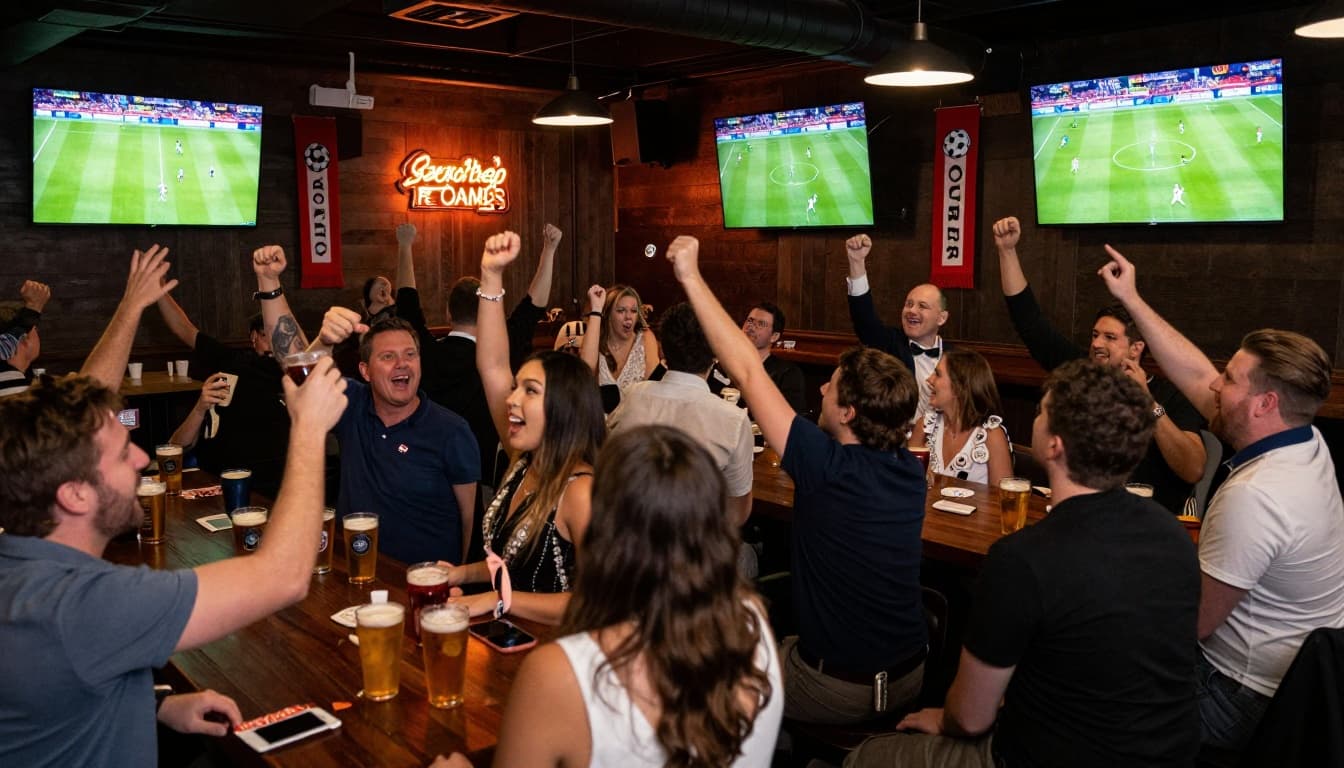 Crowded interior of Brewhouse Cafe in Little Five Points, Atlanta, during a World Cup soccer match with fans cheering at large TVs, wooden bar with beers, soccer scarves, dim neon lighting, and lively diverse crowd including wedding guests.