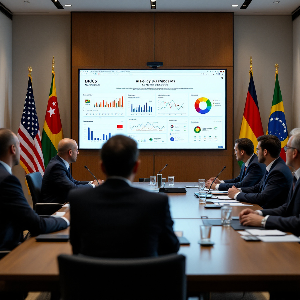 AI Consulate General of Brazil: Advancing Diplomacy With Smart Partnerships and Modern Services Meeting room with Brazilian, US, and BRICS diplomats around a table, digital screens showing AI policy dashboards. Flags of BRICS in the background. Image created with AI.