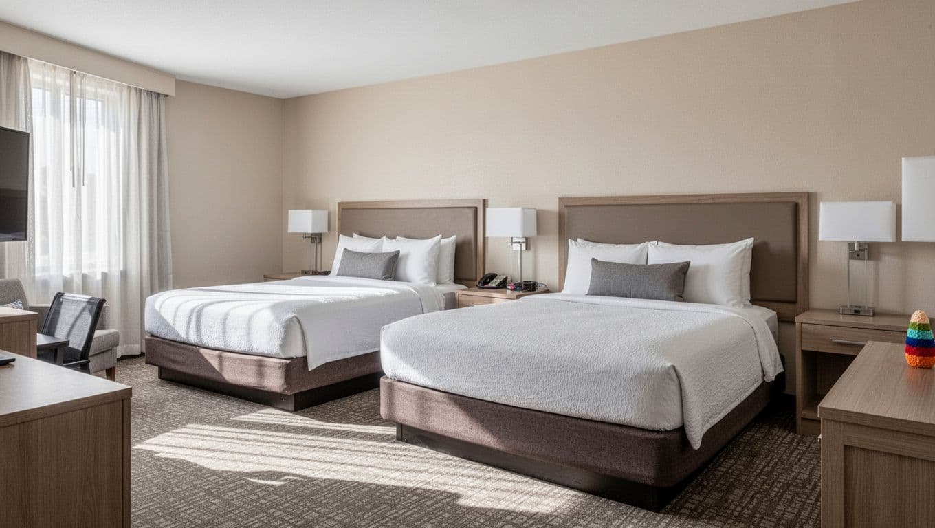 Two queen beds with crisp white linens occupy a minimalist hotel room featuring neutral earth tones and simple wooden furniture. Soft ambient lighting creates a peaceful, clutter-free retreat for tired travelers.