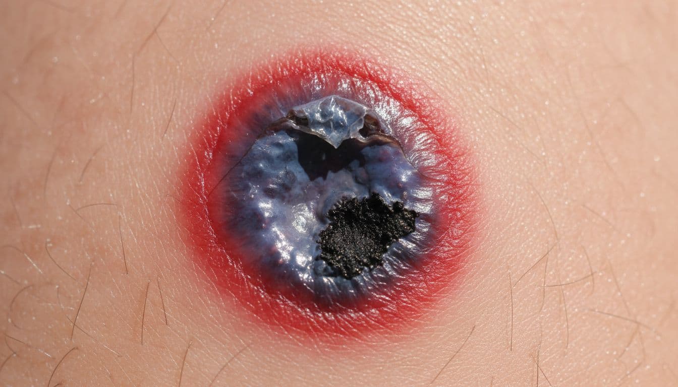 Close-up of brown recluse spider bite progression on leg skin, showing initial blister turning blue-gray in the center, surrounded by redness, mild swelling, and early ulceration with dark necrotic area.
