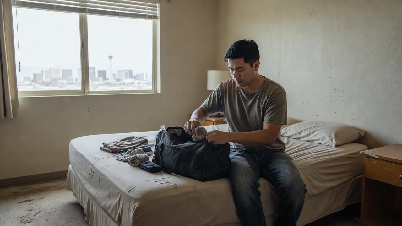 A traveler sits on a plain hotel bed organizing belongings into a small carry-on bag. Sunlight illuminates the simple room, highlighting clothes and essentials spread across the white bed sheets.