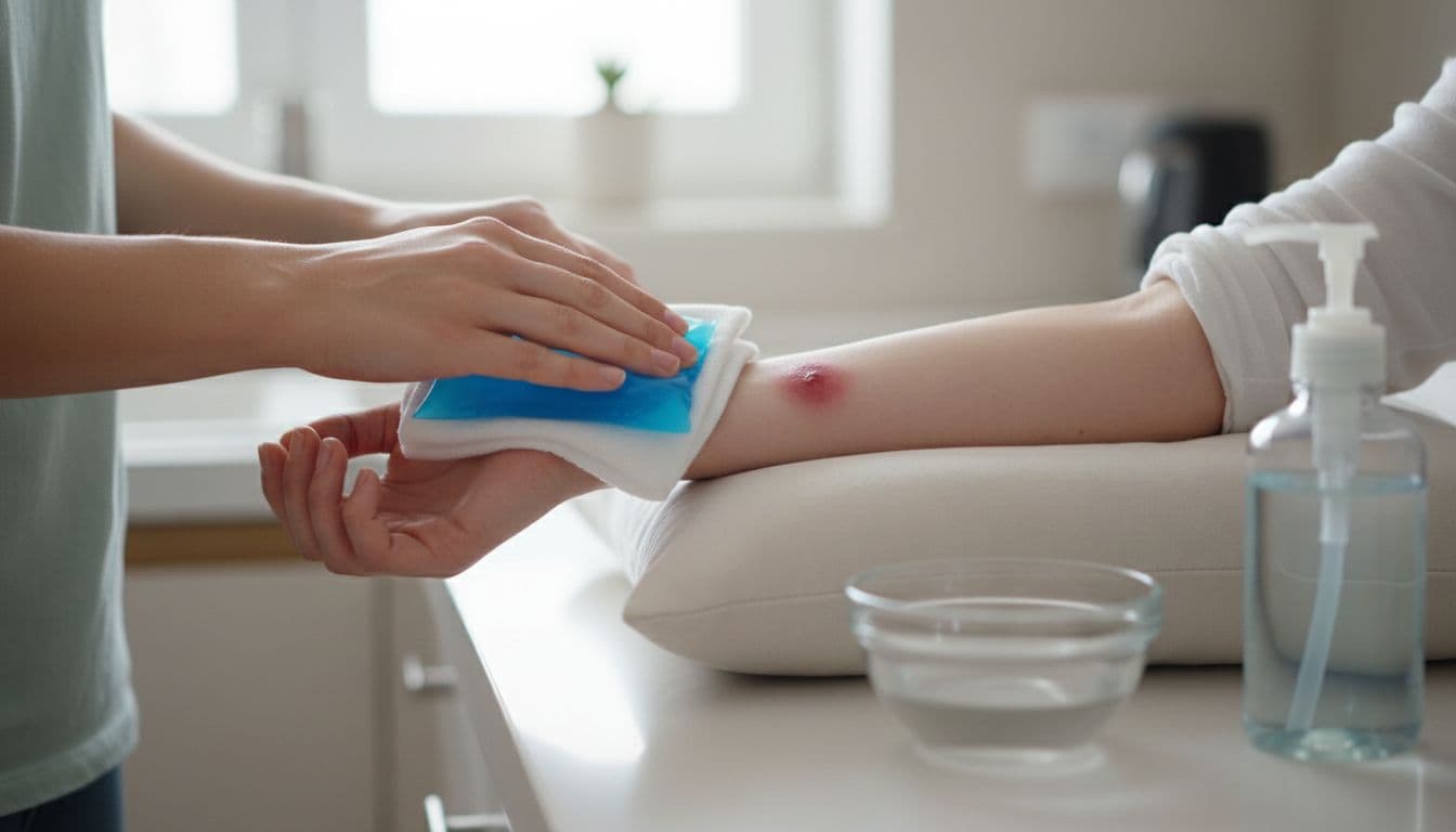 Person applying cold pack to red swollen bite mark on elevated arm resting on pillow, in clean kitchen with soap and water nearby. Realistic step-by-step first aid scene with calm reassuring mood and bright natural light.