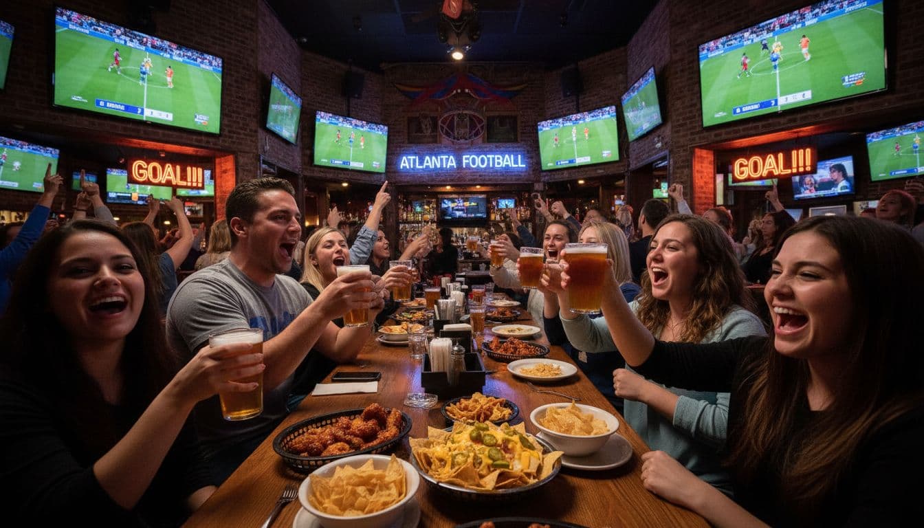 Interior of a bustling Atlanta sports bar during a major soccer match like the World Cup, featuring multiple large TVs showing game action, a diverse crowd of fans cheering with beers, wooden tables with appetizers, dim warm lighting, and neon signs in an energetic, joyful mood.