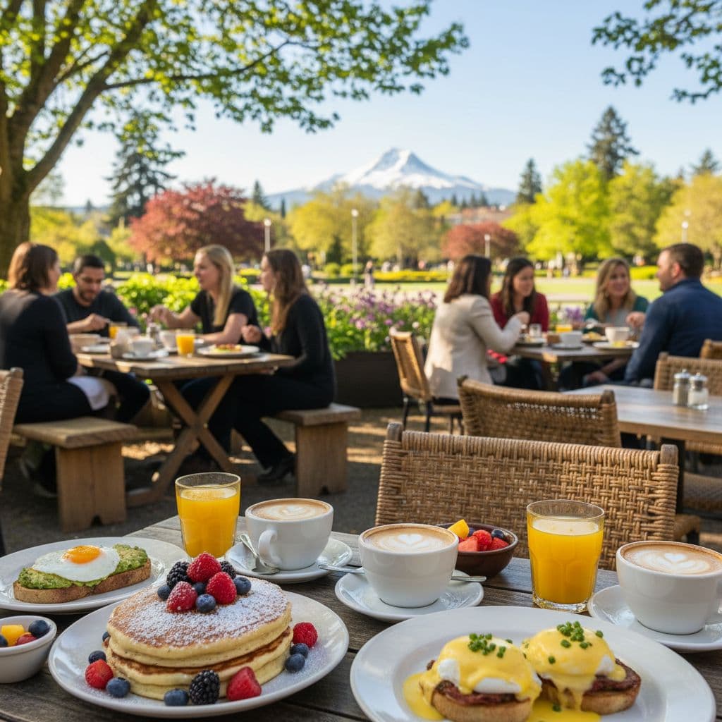 People enjoying outdoor brunch on a sunny morning in Portland with plates of pancakes and eggs benedict on wooden tables, Mount Hood in the background, warm natural light