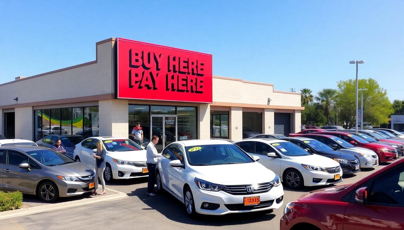 Buy here pay here dealership lot with used cars and customers browsing