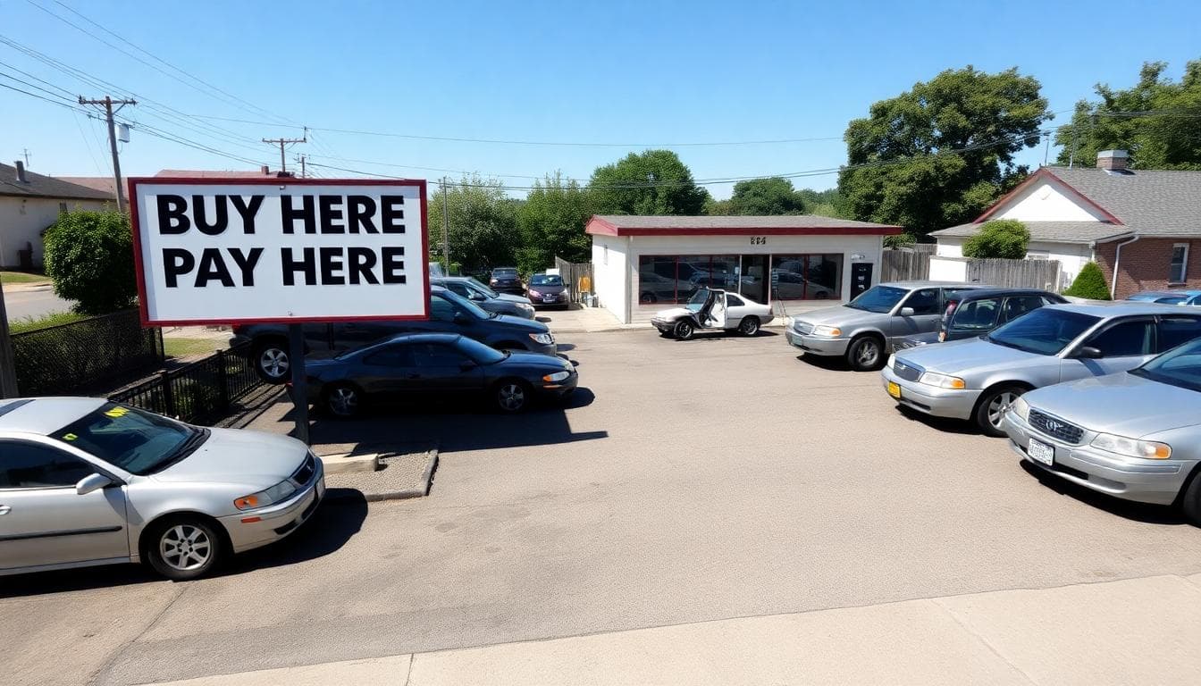 Buy Here Pay Here used car lot with several older vehicles, office building, and signage on a clear day