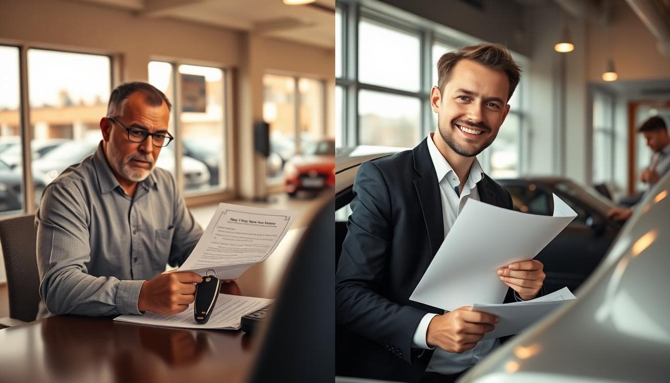 Side-by-side comparison of a small BHPH office versus a modern finance office, highlighting the contrast in rates and terms