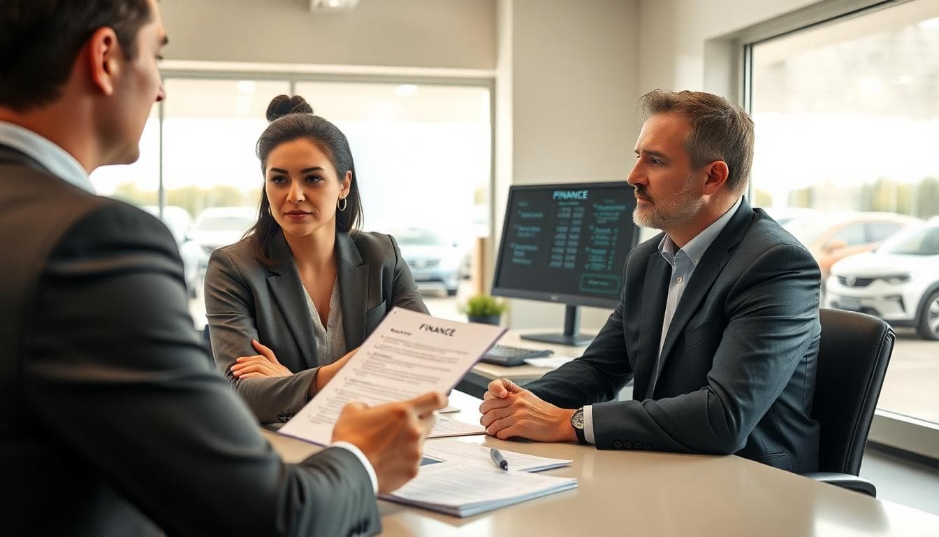 Confident buyer asking a finance manager direct questions about APR and loan terms in a dealership office, with rates visible on a screen and notes on a notepad