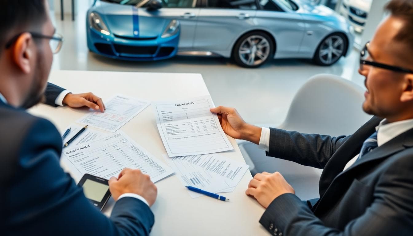 Car buyer comparing dealer and bank offers with a finance manager in a modern office