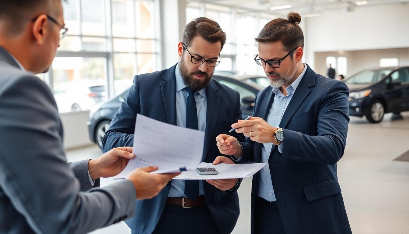 Car buyer carefully reviewing finance contract with red flags highlighted