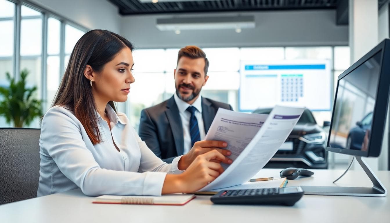 Buyer preparing financial documents in a dealership finance office