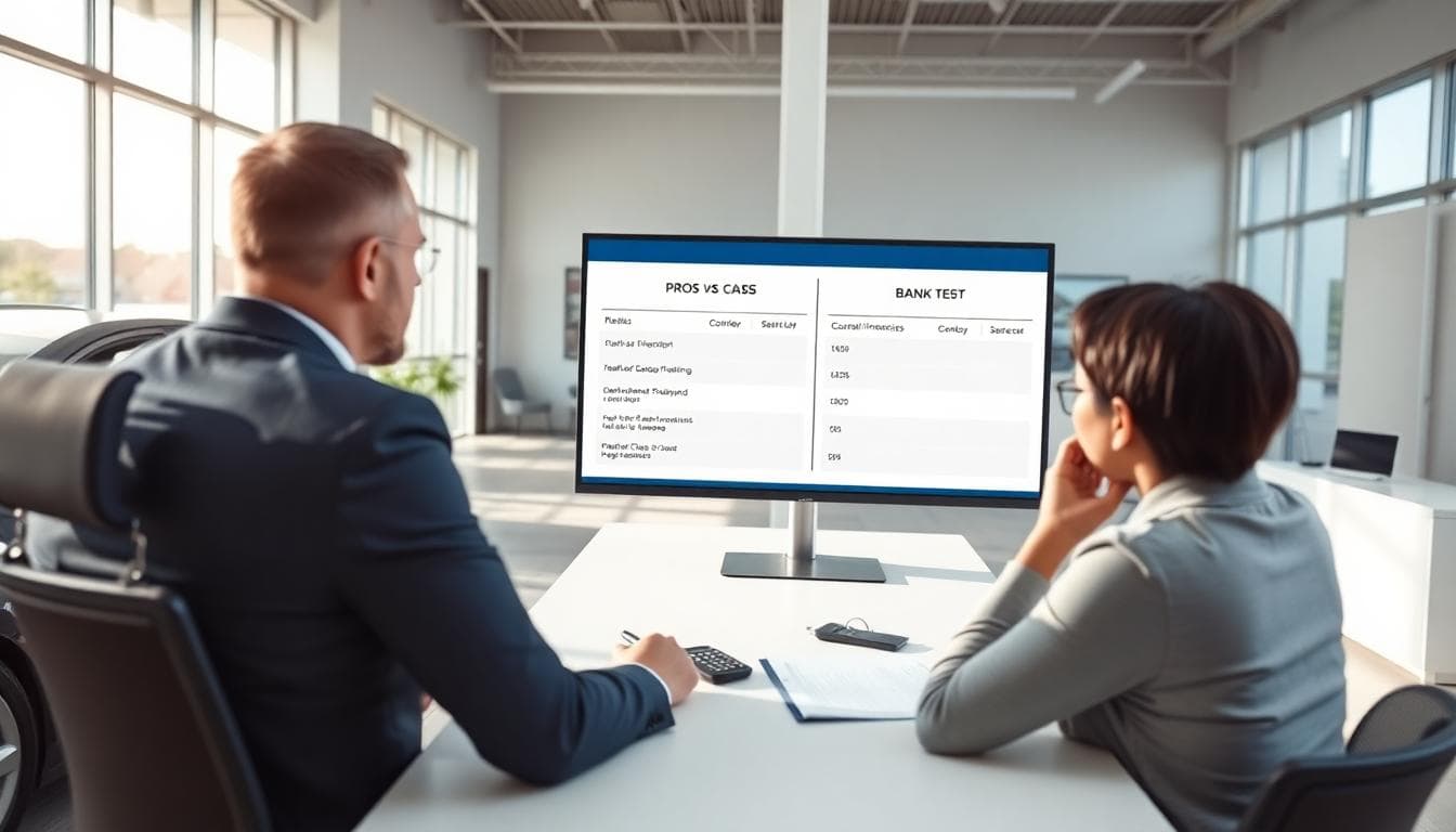 Buyer and finance manager reviewing pros and cons of dealer and bank financing on a screen in a clean, modern finance office.