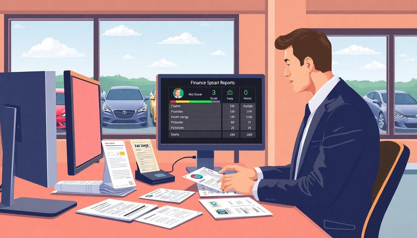 A dealership finance manager reviewing a customer's credit report on a computer with pay stubs and loan documents on the desk; cars are visible outside the office window. Professional, realistic lighting.