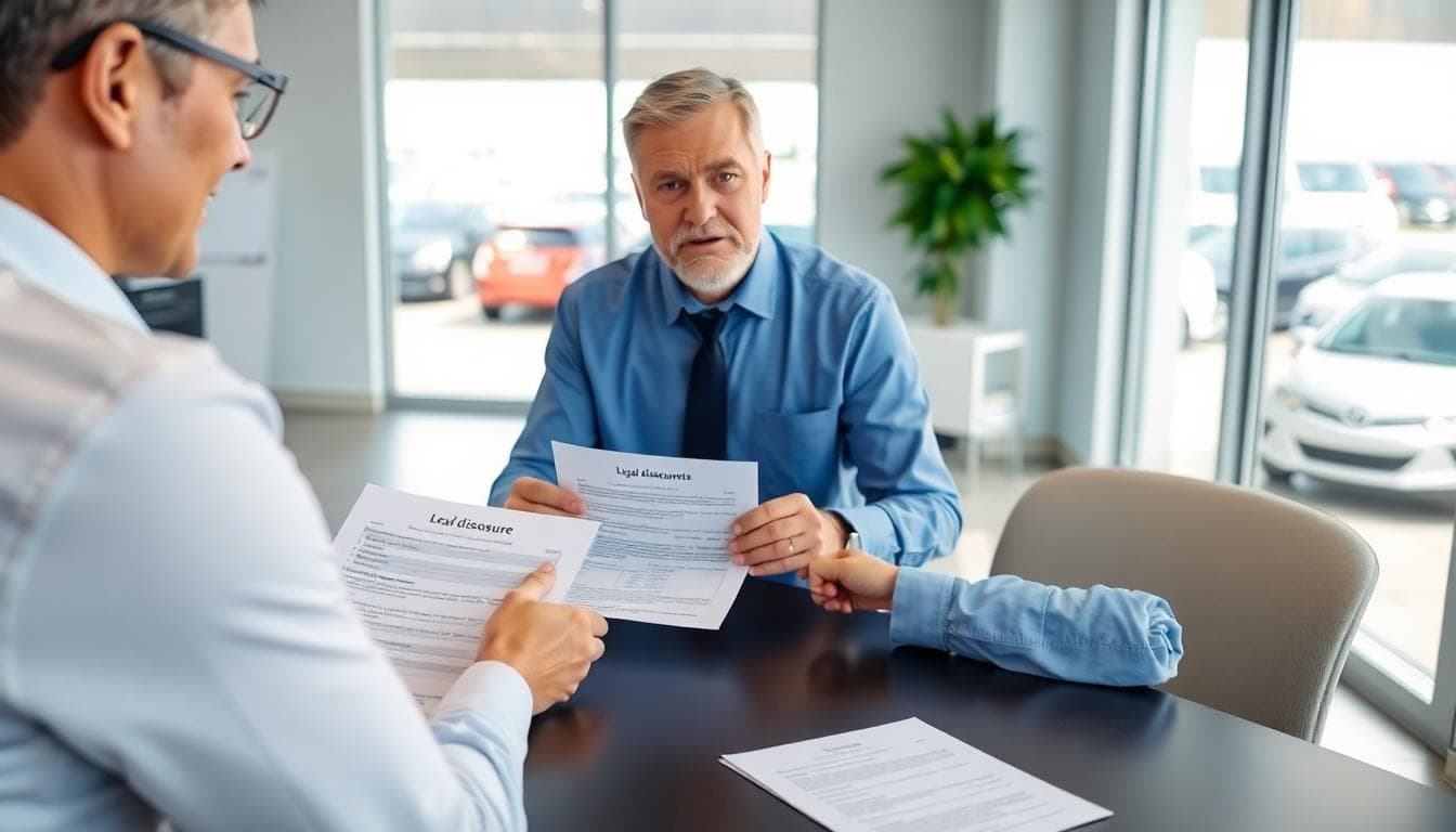 Finance manager reviewing APR, interest, and term disclosures with a buyer in a dealership office