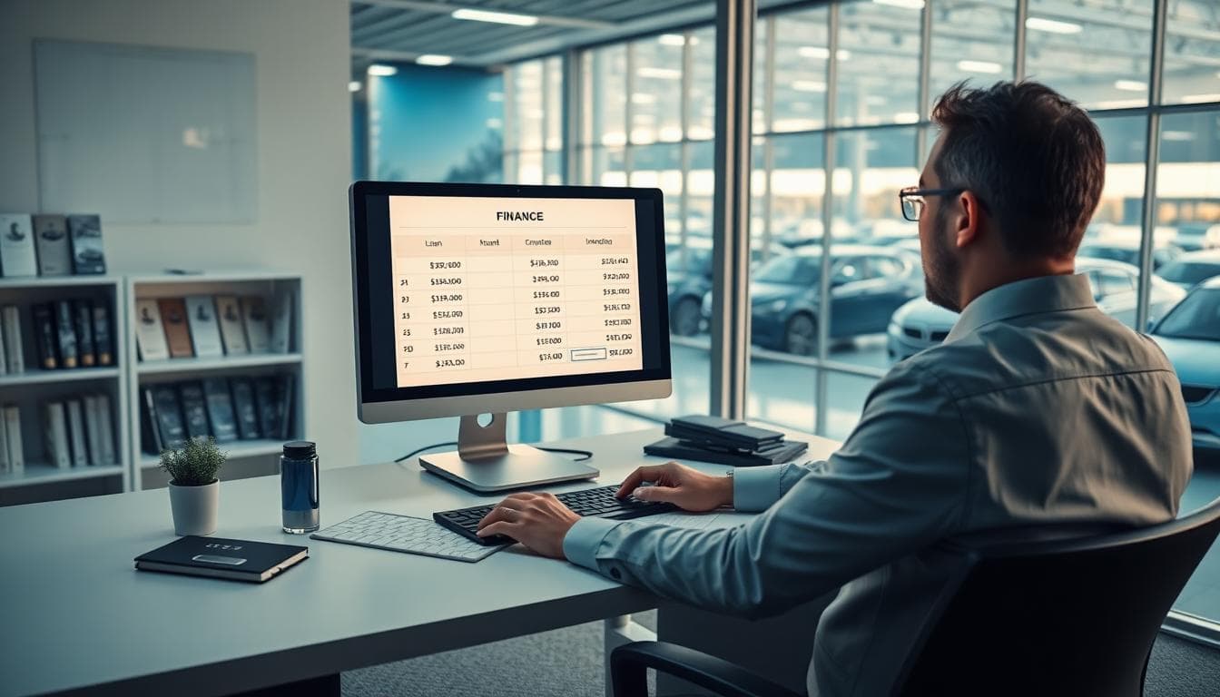 Finance manager reviewing auto loan terms on a computer inside a dealership office