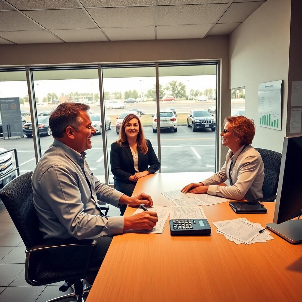 Customer meeting with a finance manager in a dealership office, loan documents on desk, car lot visible through windows