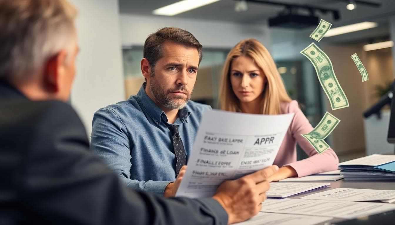 Customer reviewing buy rate vs. final APR in a dealership finance office, with visual cues showing interest markup and extra dollar costs