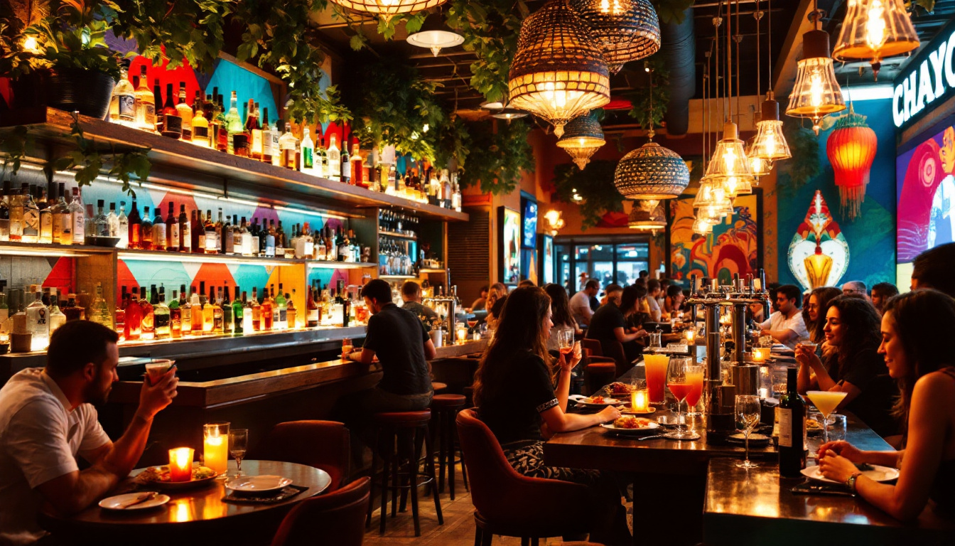 Ultra realistic image of CHAYO Mexican Kitchen + Tequila Bar, with a lively bar scene featuring tequila bottles, taps, colorful decor, and guests laughing and enjoying small plates and drinks. Image created with AI.