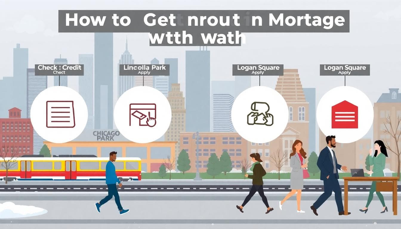 An editorial-style visual showing a step-by-step mortgage path in Chicago with icons for credit check, lender search, and application, set against the skyline, L tracks, and winter streets. Image created with AI