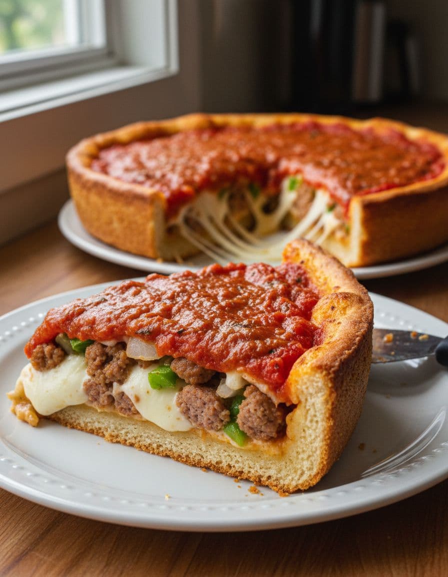 Slice of Chicago deep-dish pizza showing layers of crust, cheese, sausage, and sauce