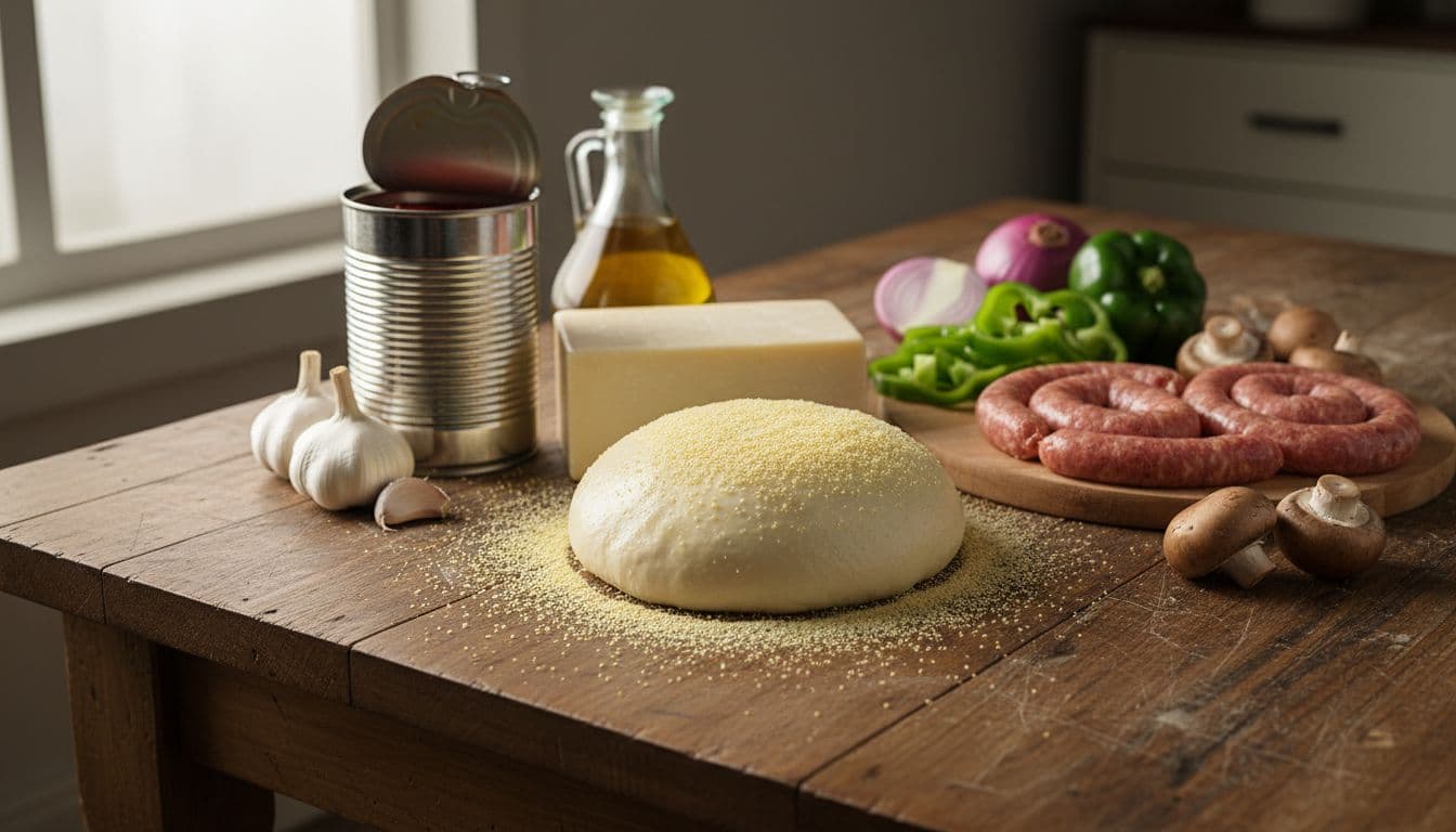 Ingredients for homemade Chicago deep-dish pizza on a wooden table