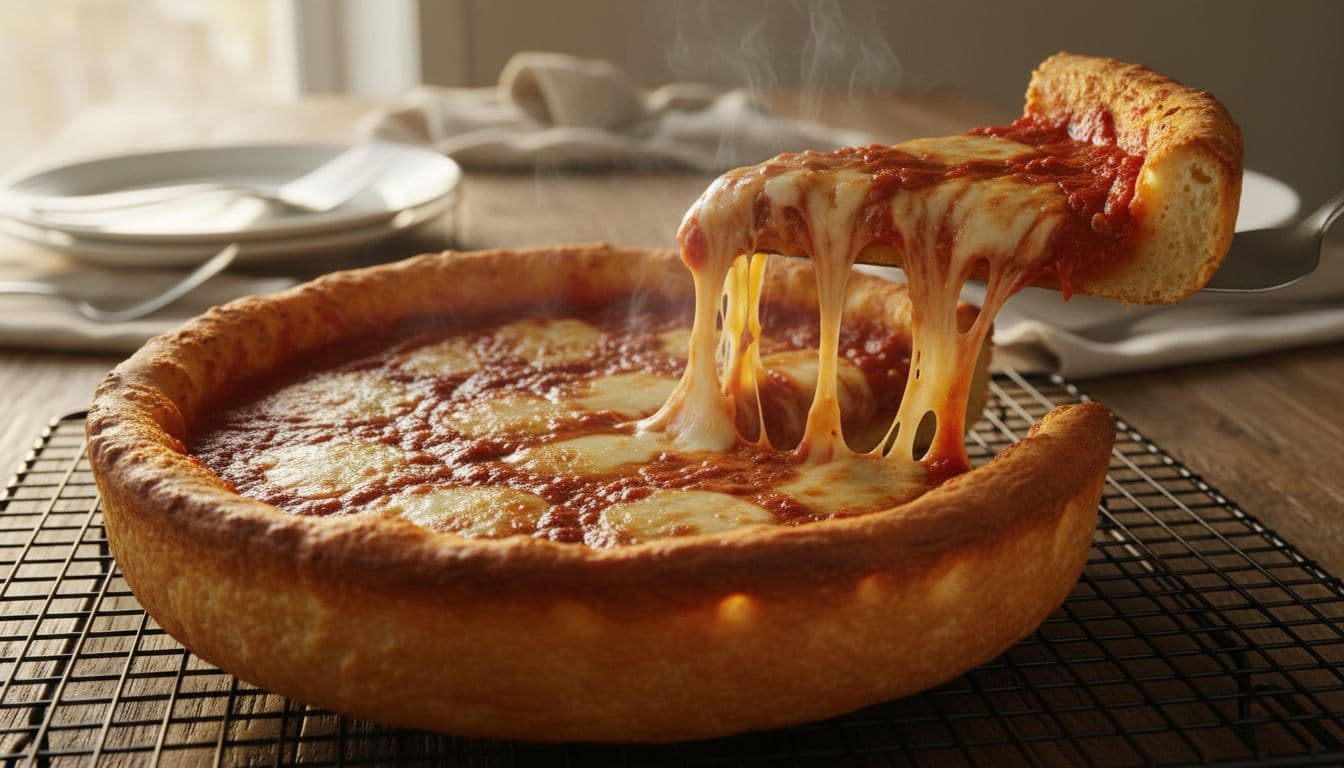 Baked Chicago deep-dish pizza with a slice lifted, showing cheese pull