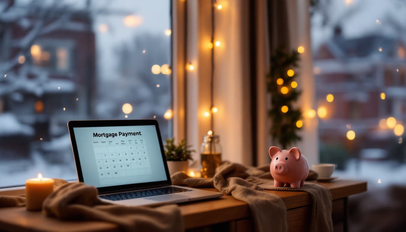 A Chicago family in a cozy Logan Square living room during winter, reviewing a bi-weekly mortgage schedule on a laptop with a calendar and piggy bank nearby. Image created with AI.