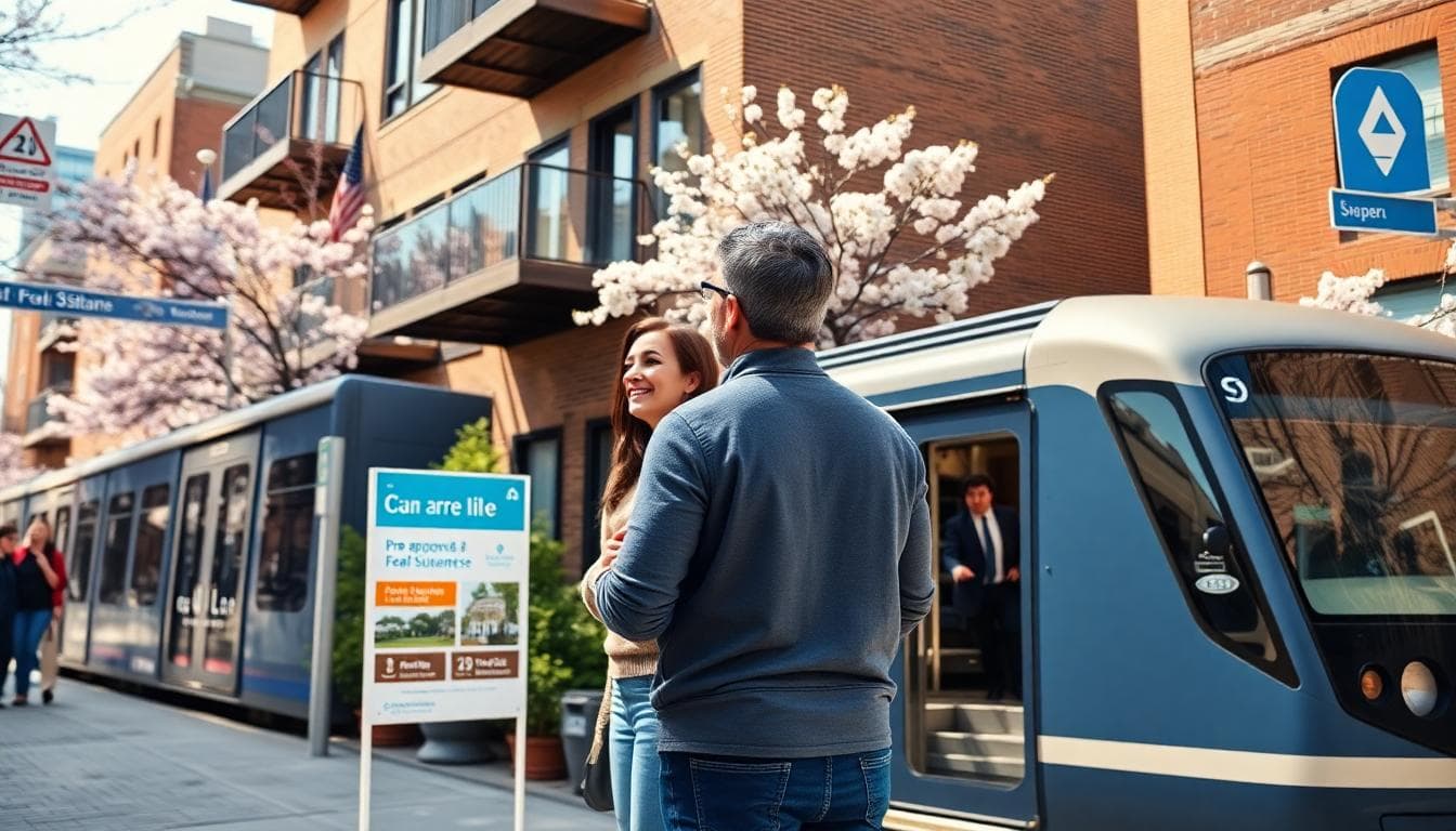 Pre-approved buyers touring a Logan Square condo in spring with a CTA Blue Line train approaching the station. Image created with AI.