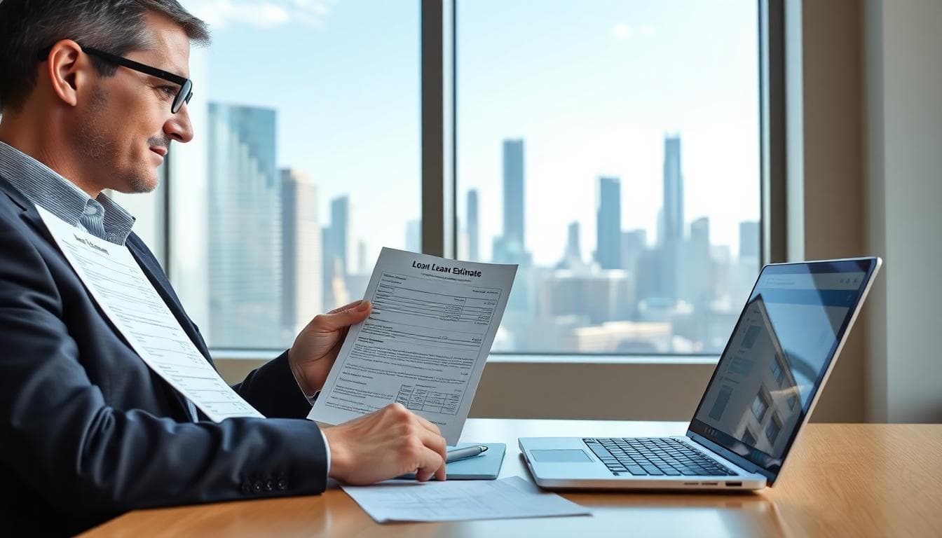 Professional reviewing loan estimates in a Chicago office, with a mortgage calculator open and the skyline outside. Image created with AI