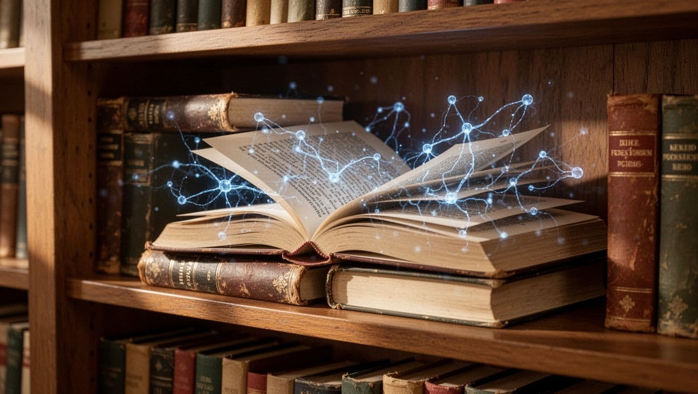 Stack of hardcover books on wooden shelf, faint glowing blue neural patterns overlaying open pages under warm lighting.