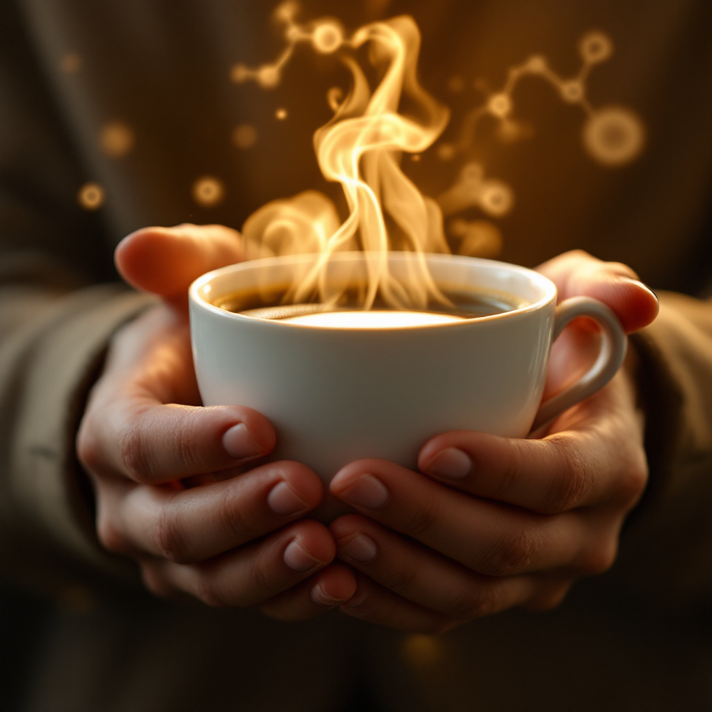 Close up of a steaming coffee cup held in hands, with faint DNA and molecule shapes suggesting biology and genetics. Image created with AI.