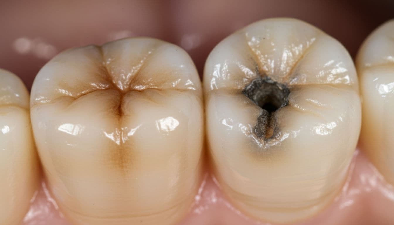 Realistic close-up dental photograph of two adjacent human molars: left with smooth brown coffee or tea stain on chewing surface, right with early cavity as a dull rough pit.
