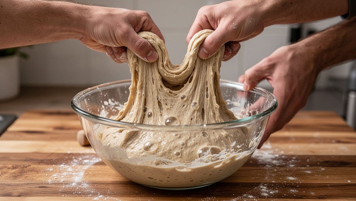 Photorealistic image of two hands gently performing a coil fold on high-hydration wet sourdough dough in a glass bowl on a wooden surface in a home kitchen. The slack dough with bubbles folds naturally without tearing, captured from a side angle with warm ambient lighting and minimal background.