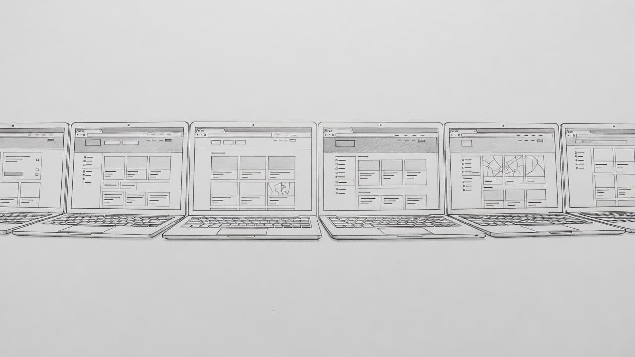 A graphite drawing on light gray paper displays multiple open laptop screens arranged side-by-side. Each screen shows distinct travel booking layouts with clean pencil shading and precise geometric line work throughout.