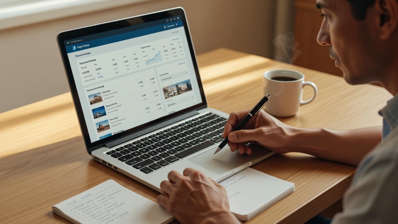 A person analyzes flight prices on a laptop while holding a pen and paper. A warm cup of coffee rests on the clean wooden desk, bathed in soft, natural morning light.