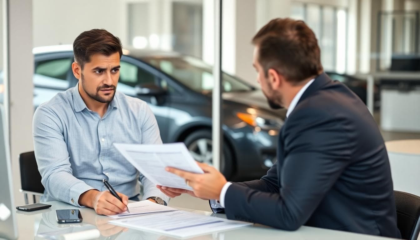 A customer meeting with a dealership finance manager to review bad credit car loan options, with documents and a car visible through the window. Professional, realistic setting.