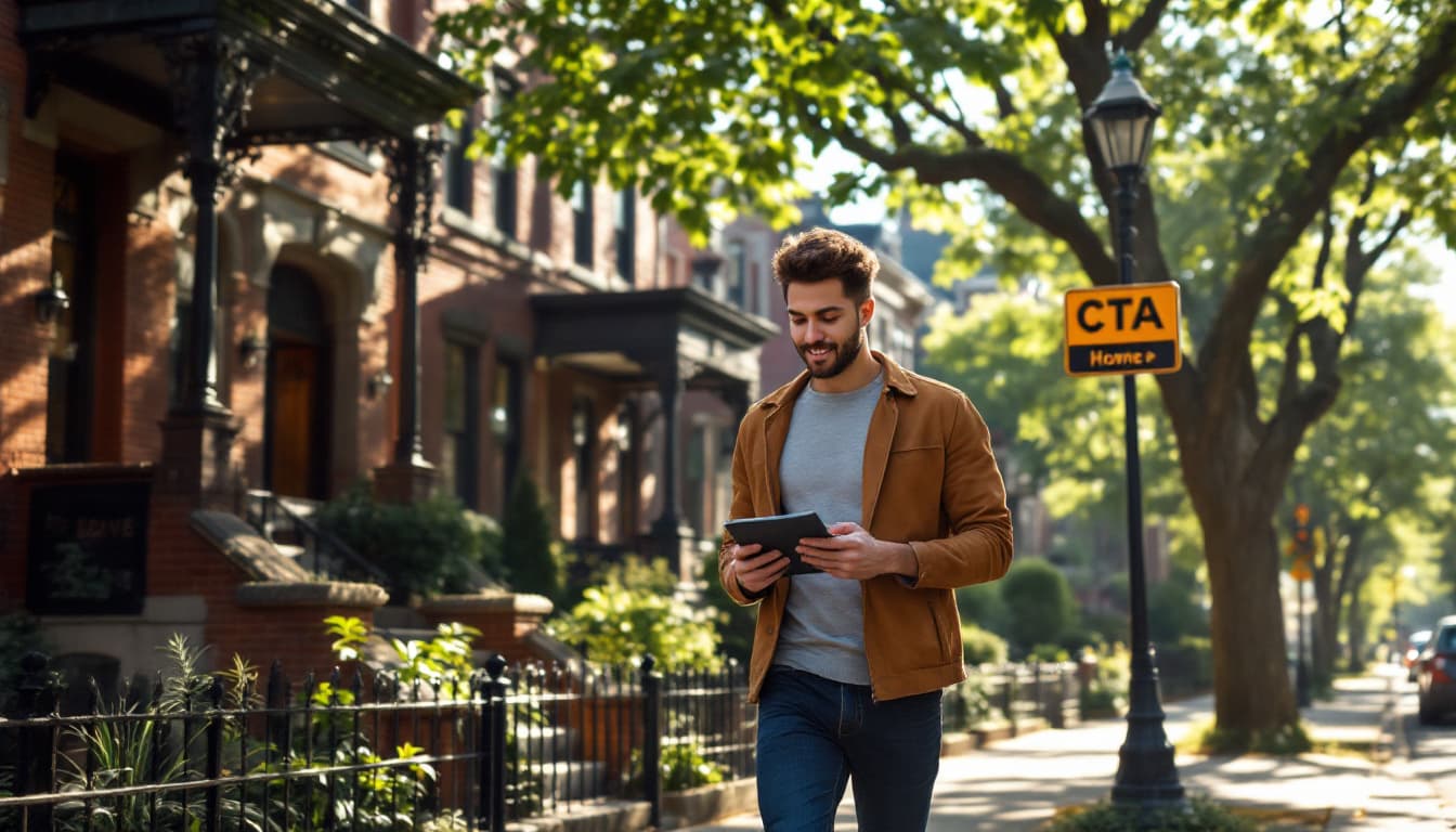 Young professional reviewing listings on a Logan Square street with the CTA in the background. Image created with AI