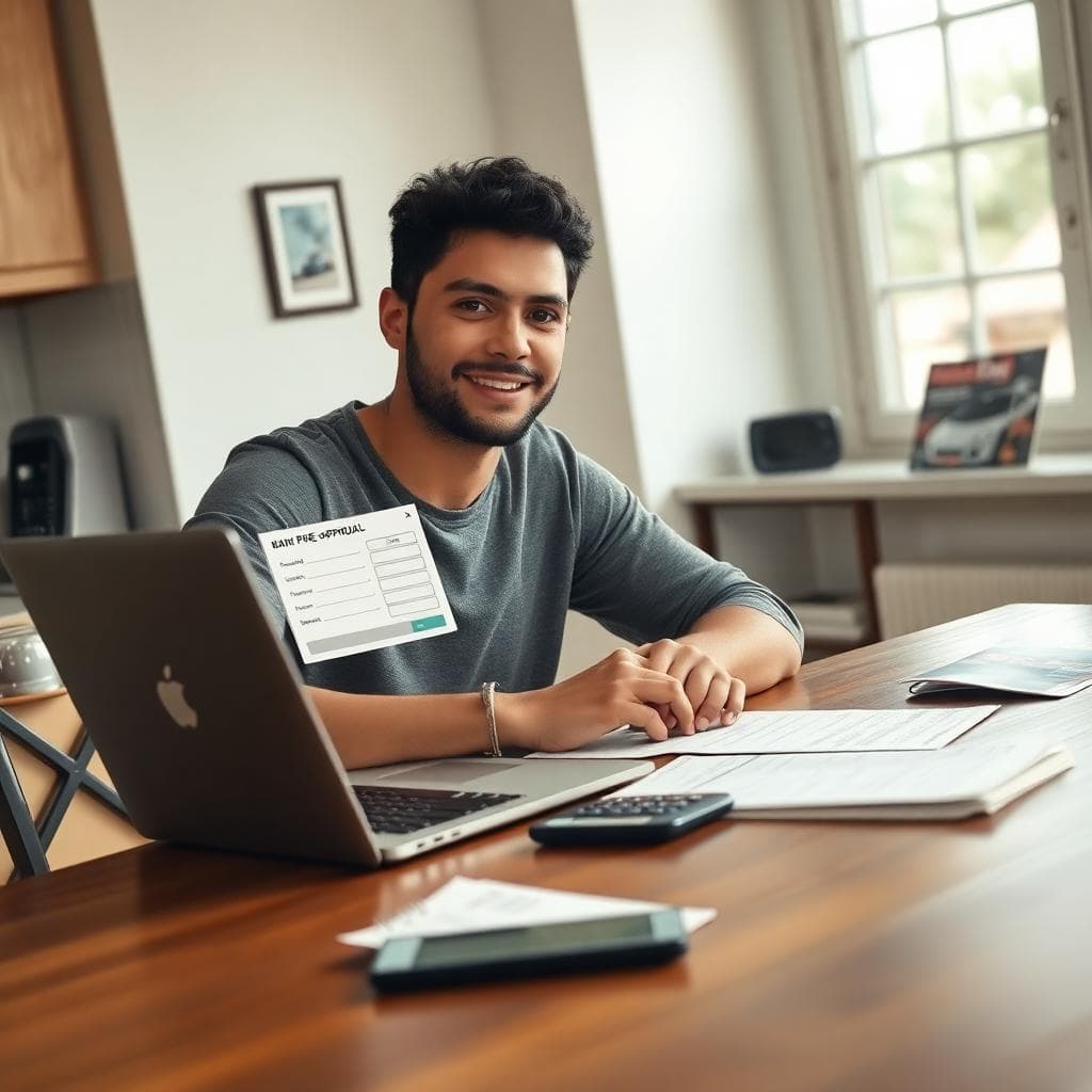 A confident young adult at a kitchen table with a laptop showing a bank pre-approval for an auto loan, calculator and notes nearby, soft natural light, realistic style
