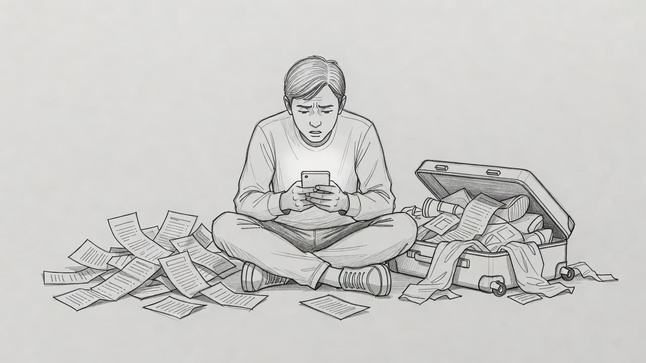 A graphite sketch depicts a person staring blankly at a phone screen next to an overflowing suitcase. Scattered crumpled travel receipts surround the frustrated individual on a neutral gray background.