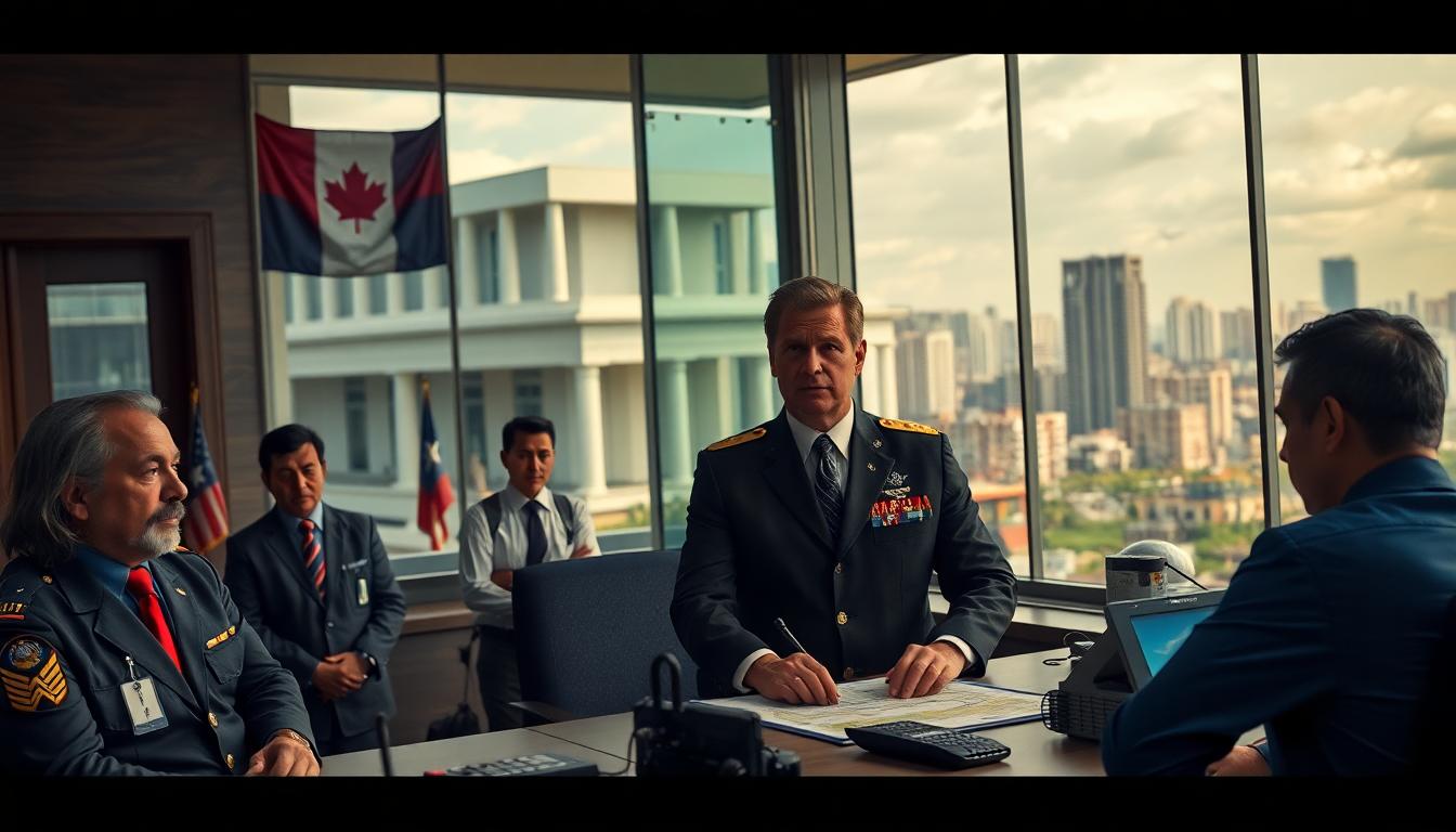 A detailed, cinematic scene of a Consulate General building in a major city, with a confident consul general coordinating a disaster relief operation with staff and local partners. The foreground shows officials from different nations around a command table with maps and radios. The background features a flag-draped building and an urban skyline. Image created with AI.