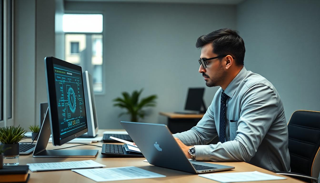 Consular officers review AI security protocols while training on data protection in a modern office. Image created with AI.