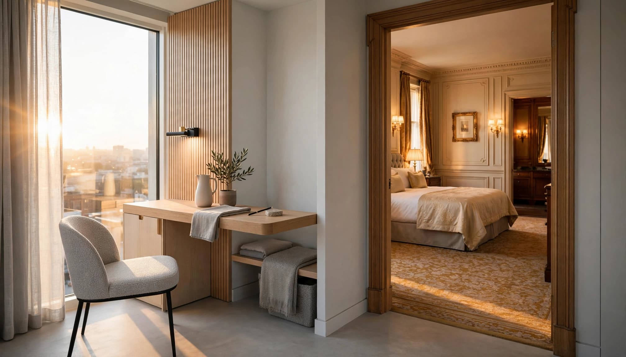 A modern hotel room with a desk next to a large window, opening into a classic bedroom.