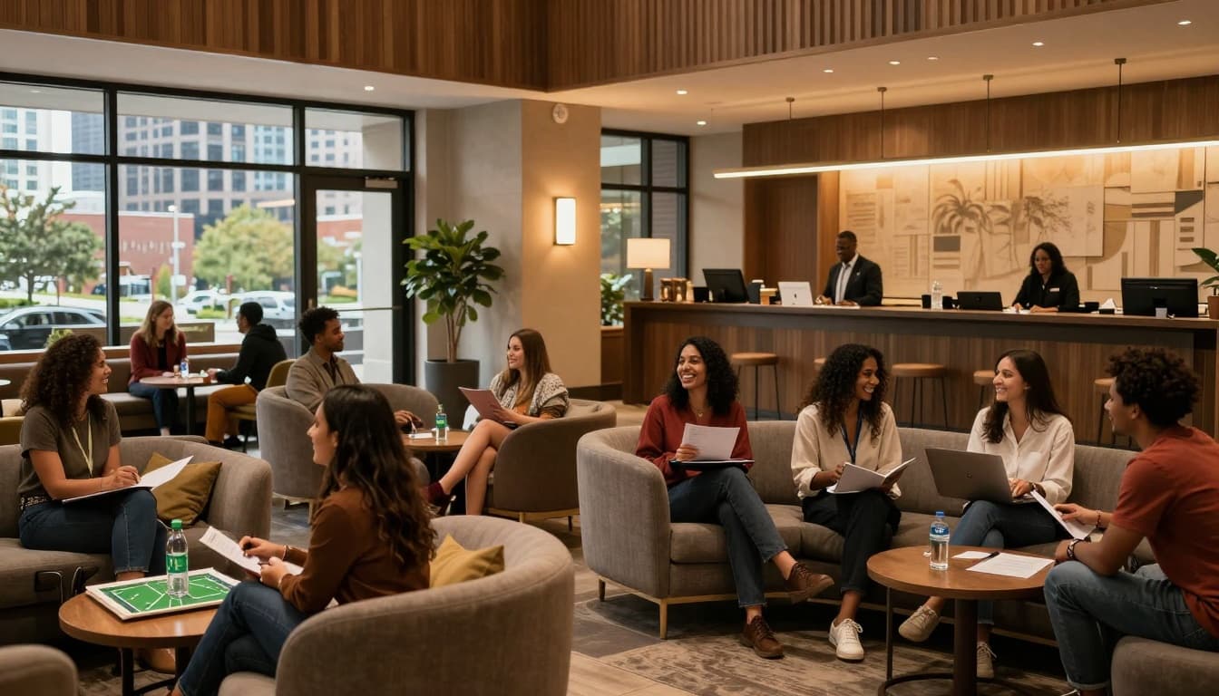 A cozy modern hotel lobby in downtown Atlanta filled with diverse friends checking in, laughing, and planning their FIFA match day amid comfortable seating and skyline views.
