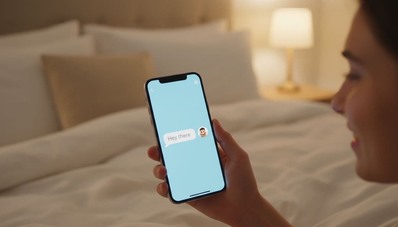 Close-up of a smartphone screen held at an angle in a relaxed hand, displaying a friendly chat greeting, against a serene bed with pillows and nightstand lamp under warm evening light.